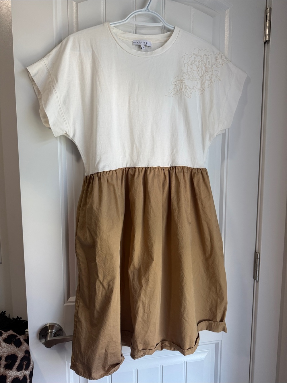 Two-Tone Cream and Tan Mini Dress with Embroidered Detail